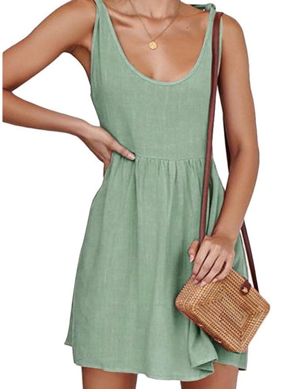 Sleeveless Scoop Neck Babydoll Dress in Sage Green